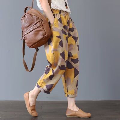 [Spot] harem pants thin breathable art retro fashion ankle-length pants loose cotton printed summer womens pants large size 2023