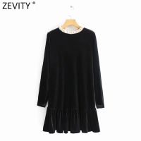 Zevity Women Sweet Agaric Lace Bow Tied Black Velvet Mini Dress Female Chic Hem Ruffles Casual Vestido Party Clothes DS4913