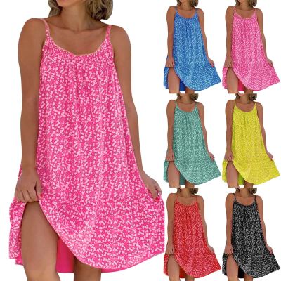 New Floral Print Spaghetti Strap Dresses For Women Summer O Neck Ruffle Sleeveless Short Dress Vintage Ladies Tank Beach Dress