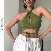 Yedinas y Halter Crop Tops Women y Green Bandage Camisole Blackless Hollow Out Chic Wrap Cami Top Club Party Streetwear