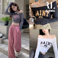 พร้อมส่ง เสื้อครอปเเขนยาวมินิมอลเเฟชั่น เสื้อครอป เสื้อครอปเเขนยาวสไตล์มินิมอลเกาหลี