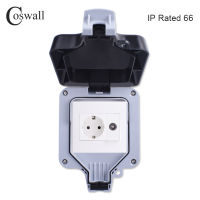 Coswall IP66 Waterproof Outdoor BOX EU Standard Wall Socket With 1 Gang Switch Female TV Jack CAT6 RJ45 Data Internet Outlet