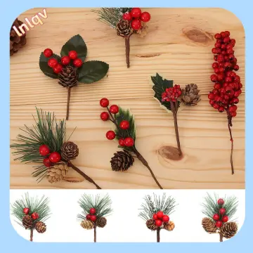 10pcs Artificial Christmas Floral Picks Snowy White Berry Picks Stems Faux  Pine Pick Holly Berries Spray With Pinecones For Flower Arrangement Xmas Tr