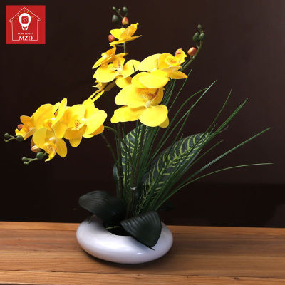 MZD【Flower Set + Tabletop Ceramics Vase 】 New Chinese-Style High-End Phalaenopsis Orchid Ornament Living Room Dining Table Coffee Table Display Vase Bonsai Decoration Holiday Party Decoration
