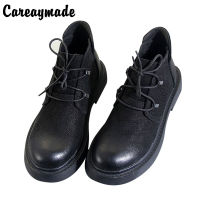 Careaymade-New Genuine leather retro round head short boots female literature and art rubbing flat bottom Martin boots leisure