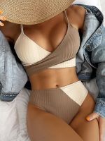 2023 Womens Swimsuit Fashion High Waist Bikini Patchwork Swimwear Ribbed Cross Wrap Beachwear Ruched Butt Biquini Bathing Suits