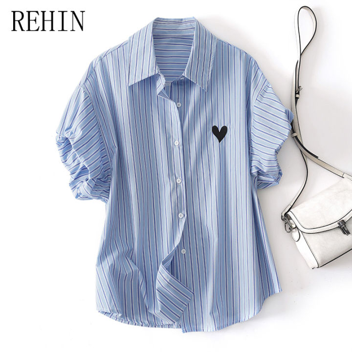 rehin-เสื้อเชิ้ตแขนสั้นคอปกกระโปรงลายทางแนวตั้งผู้หญิง-เสื้อปักหัวใจและแขนพองหลวมลำลองฤดูร้อน