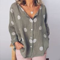 Summer Baggy Dot Print Blouse Women Plus Size Long Sleeve Womens Tunic Cotton Linen Shirt Ladies White Womens Tops Blouses