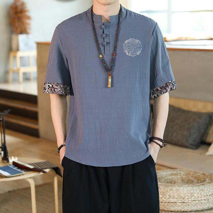 เสื้อเสื้อยืดลินินแขนสั้นผู้ชายสไตล์-chinoiserie-ชุดจีน-เสื้อผ้าแฟชั่นฝ้ายลินินขนาดใหญ่ย้อนยุคบางทรงหลวม