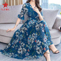 SZWL Summer Floral Printing A-line Skirt For Women Sexy V-neck Short Sleeves Dress Flared Sleeves Midi Skirt