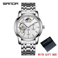 ⌚นาฬิกาสำหรับบุรุษแบบใหม่ SANDA นาฬิกาข้อมือกลไกอัตโนมัติ Tourbillon Slef-Wind หรูหราสแตนเลสสตีลกันน้ำนาฬิกาข้อมือเรืองแสง