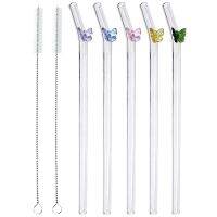 5 Pcs Reusable Glass Straws,Colorful Butterfly on Clear Straws with Design Shatter Resistant Bent Drinking Straws