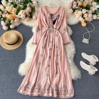 COD DSTGRTYTRUYUY Womens Dress Bohemian Ethnic Style Long Dress Summer New Embroidery Flower O-neck Lacing Waist Holiday Beach Dress