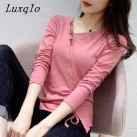 Luxqlo เสื้อยืดแขนยาวพิเศษผู้หญิง,ใหม่เสื้อลำลองสีทึบแฟชั่นหวานเสื้อยืดคอวีอเนกประสงค์เข้ารูปพอดี