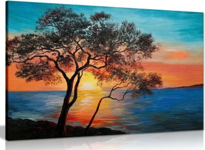 ต้นไม้ใกล้ทะเลสาบที่ภาพวาดพระอาทิตย์ตกสีน้ำมันศิลปะบนผืนผ้าใบสำหรับติดกำแพงรูปภาพ Printin