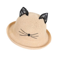 [hot]Parent-child Adult / Child Straw Woven Curled Dome Cartoon Cat Ears Sun Hat Women Summer Beach Travel Sunscreen Bowler Hat U33