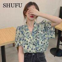 SHUFU 2334 พร้อมสต็อก สไตล์เกาหลี เสื้อเชิ้ตสำหรับผู้หญิง เสื้อชีฟองปกเรียบ ขนาดบวก เสื้อแขนสั้นลำลอง พิมพ์ท็อปส์ซู