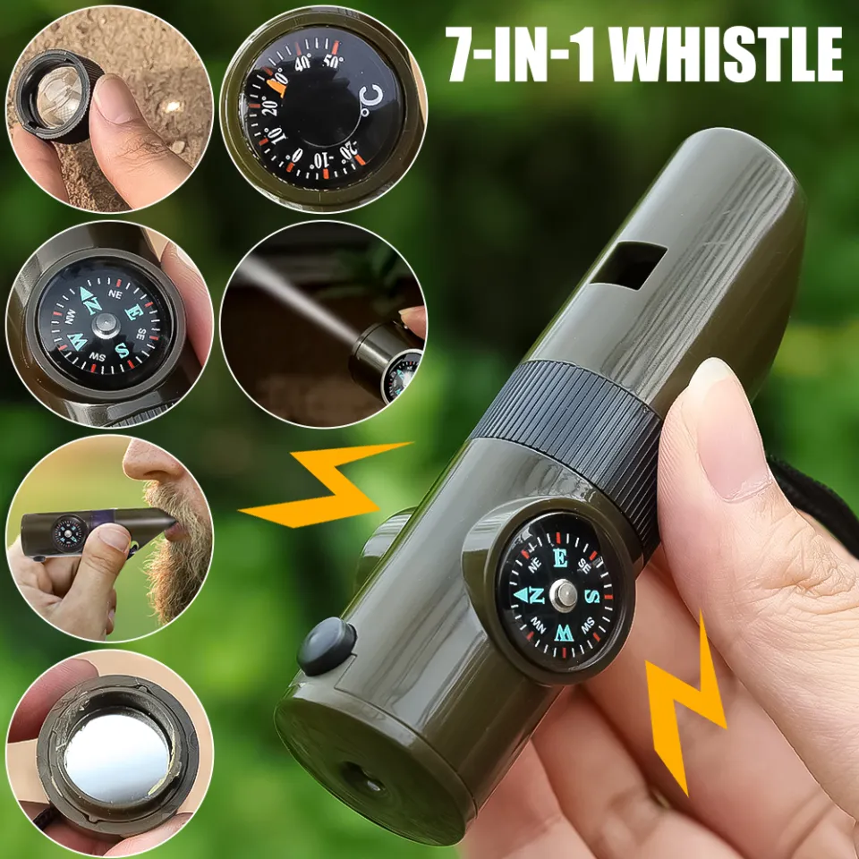 7 in 1 Survival Whistle Compass Thermometer LED Flashlight Mirror Magnifier
