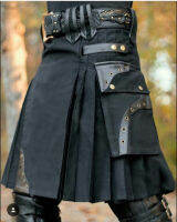 Mens Real Black &amp; Red Leather Gladiator Kilt พร้อมแผงด้านหน้าแบน Scottish Kilts Utility LARP