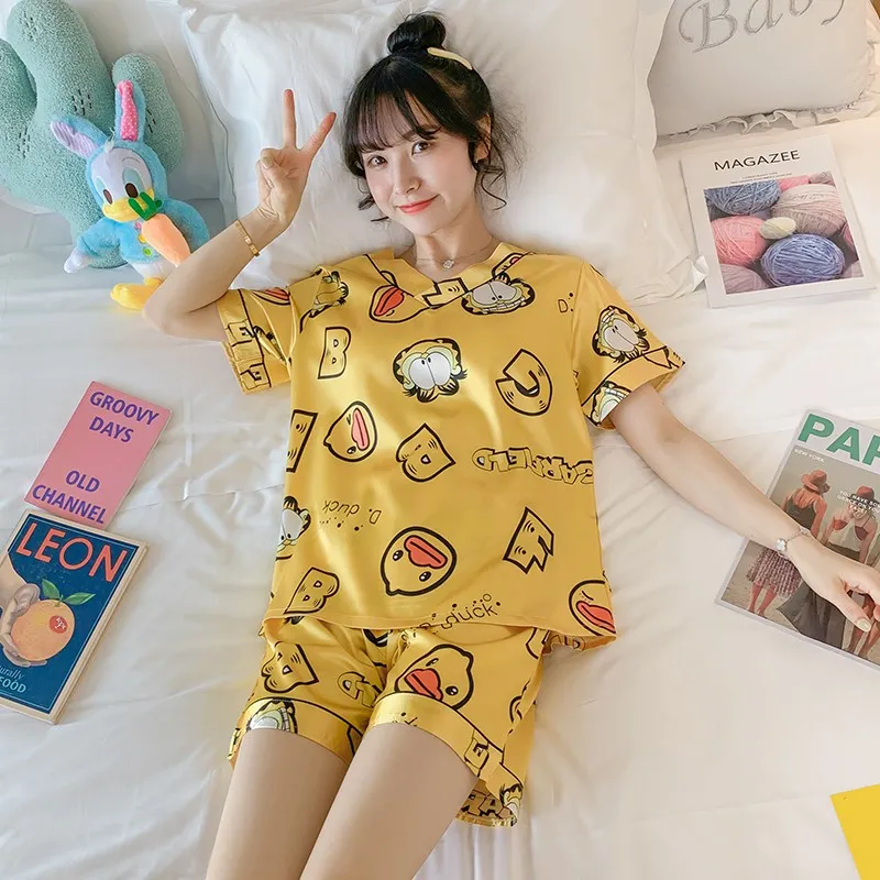 M-5XL Female Comfy Silk Women's Pyjamas Short Sleeve V-neck Cartoon  Sleepwear Pajamas for Women Baju Tidur