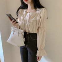 Beige Lace Blouse Vintage Square Collar Women Long Puff Sleeve Shirt Solid Cardigan Sweet Shirt Blusas Clothes Women Tops 11200