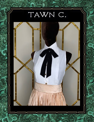 TAWN C. - White Cecile Blouse เสื้อเบลาส์แขนกุดแต่งโบว์ดำ
