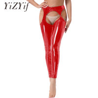 ผู้หญิงเร้าอารมณ์ Crotchless Latex Leggings กางเกงชุดชั้นในเอวสูงสิทธิบัตรหนังเปิด Crotch กางเกง Skinny Sissy สุภาพสตรี Clubwear