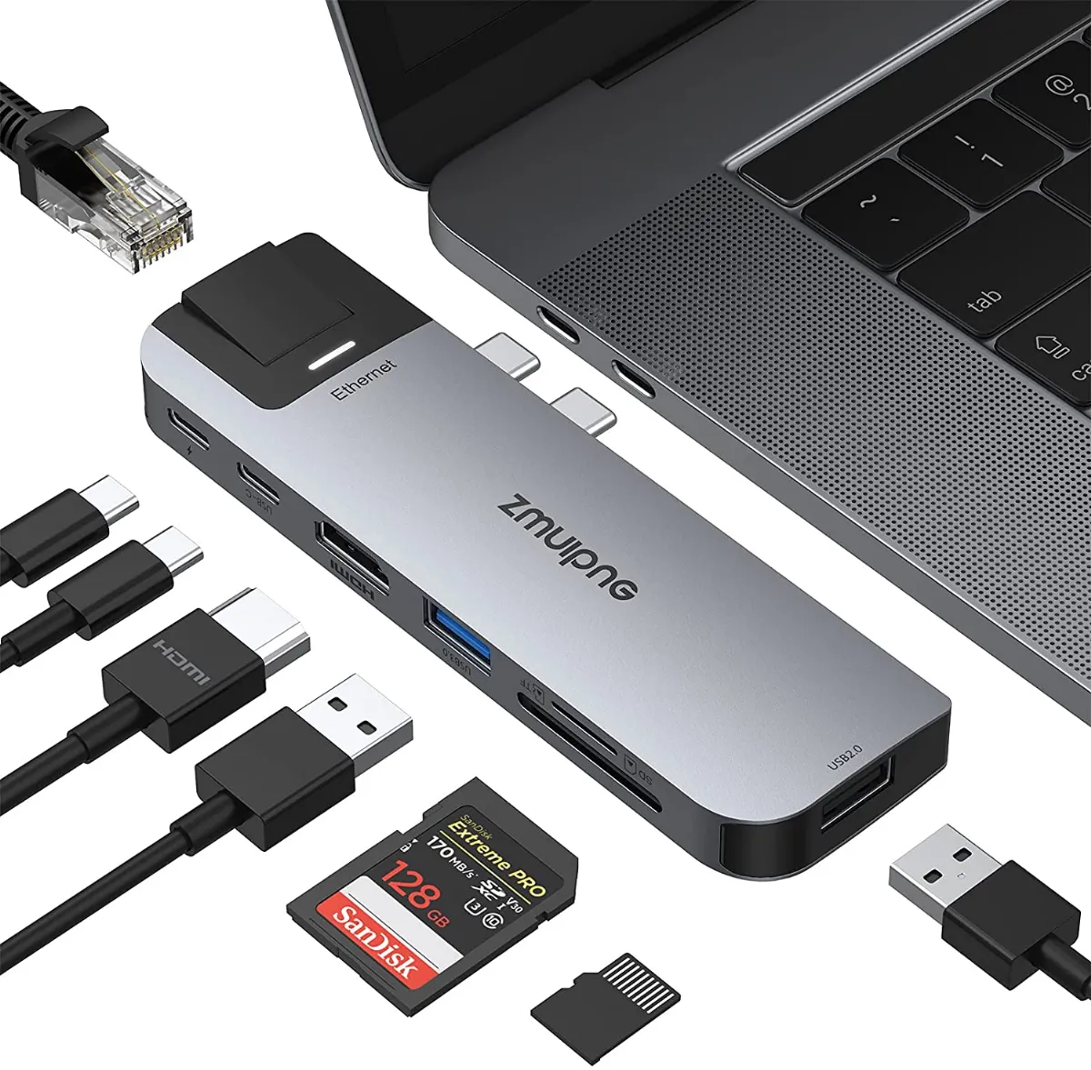 Had Hjælp Stillehavsøer ZMUIPNG USB C Adapter for MacBook Pro MacBook Air 13 15 16 inch  2020/2019/2018, USBC HDMI Dongle with 4K HDMI,1USB 3.0&1USB 2.0  Port,Gigabit Ethernet,SD/TF Reader,Thunderbolt 3 and USB C Port 8 IN