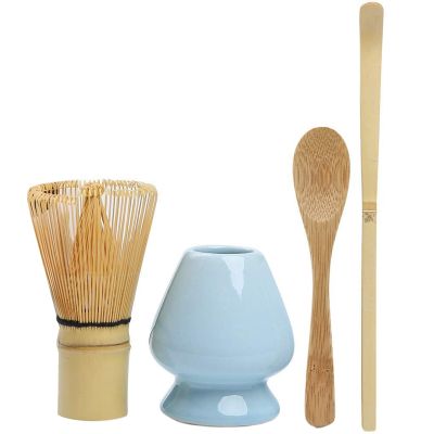 Matcha Whisk Set Bamboo Matcha Tea Set of 4 Including 100 Prong Matcha Whisk (Chasen), Traditional Scoop (Chashaku), Tea Spoon, Matcha Whisk Holder Blue Color