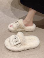 ●✸☎ Fur slippers womens outer wear autumn and winter 2023 new niche design sense thick bottom belt buckle cotton slippers ins tide