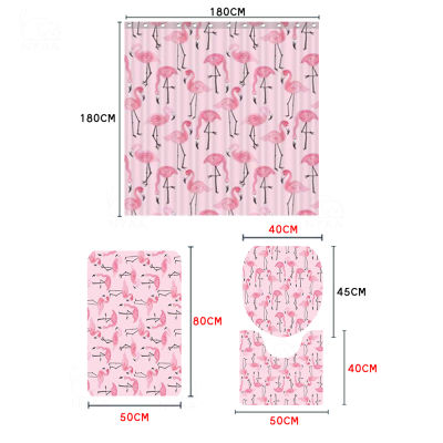 Flamingo Shower Curtain Animal Print Pink Bathroom Accessories Toilet Cover&amp;Mat 4 Piece Set with Reinforced Buttonholes
