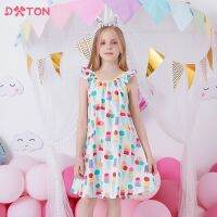 DXTON Girls Summer Dress Kids Flare Sleeve Ice Cream Print Cartoon Dresses Kids Casual Cotton Vestidos Kids Costumes Clothes