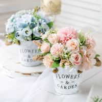 Artificial Peony Silk Flowers with Small Metal Vase Faux Flower Fake Rose Plants Eucalyptus Leaves Arrangements Decoration for Home Office Wedding Table