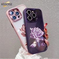 เคสประกบสำหรับไอโฟน15 Pro Max 15Plus เคสป้องกันกันกระแทก TPU ใสเคสโทรศัพท์สำหรับ Iphone 14 13 12 Pro Max เคสลายกุหลาบสีม่วงพร้อมฟิล์มเลนส์แฟลช12pro เคสแฟชั่นผู้หญิง Iphone11promax