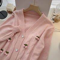 [COD] Ins sweet cream pink sweater jacket women 2021 autumn Korean version niche three-dimensional decoration V-neck long-sleeved top