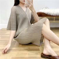 Miyake fold dress v-neck long summer new product pure color pressed plait skirt joker loose womens clothing wholesale big yards