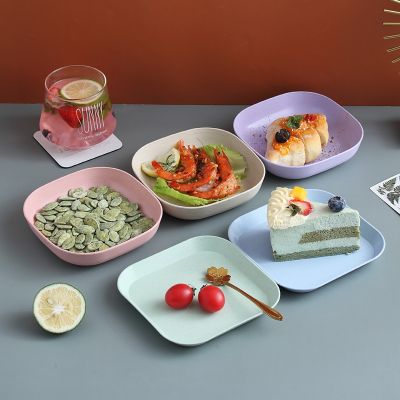 Wheat Straw Plate Food Grade Nut Cake Fruit Snack Dessert Square Tray Base Microwaveable Storage Spit Bone Dishes Kitchen Plates