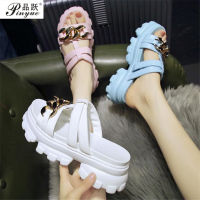 Womens Summer Chunky Slippers Fashion Thick-Bottom Sandals Flip Flops Wedges Chain Slippers Platform Beach Slides Zapatos