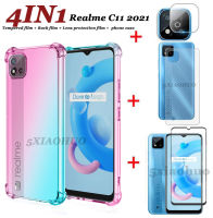 (4in1) สำหรับ Realme C11 2021เคสโทรศัพท์ที่มีกระจกเทมเปอร์ Realme C25 C15สีสี่มุม Anti-Fall โทรศัพท์มือถือเคสโทรศัพท์ + ฟิล์มด้านหลัง + กระจกเทมเปอร์ฟิล์มแก้ว + ฟิล์มเลนส์