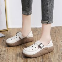 ✟ Womens Wedge Sandals Summer Genuine Leather Retro Thick Bottom Hollow Breathable Two-Wear Lazy Roman Shoes 2023 New