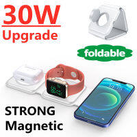 30W 3 In 1 Magnetic Wireless Charger Pad สำหรับ 13 12 X Pro Max แบบพกพา Fast Wireless Charging สำหรับ 7