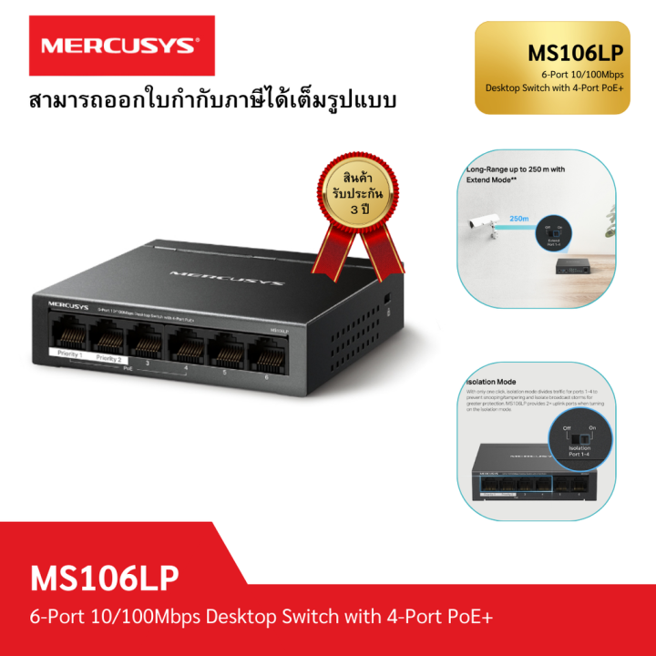 SWITCH HUB (สวิตซ์ฮับ) MERCUSYS MS106LP 10/100Mbps 6 ช่อง พร้อมพอร์ต