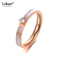 {BUSA Fashion Accessories} Lokeer แหวนสแตนเลสสตีลทองคำสีกุหลาบสี AAA Zircon แอมป์พลอยเทียมส่องประกายตลับสีขาวสำหรับเป็นของขวัญคริสต์มาสเด็กผู้หญิงผู้หญิง R18146