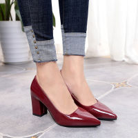 New Women Black High heels 7.5cm Lady Patent leather Thick with Autumn Pointed Single Shoes Female Sandals Pointed Toe