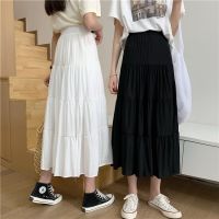 COD SDFSDRGBWWW Women Chiffon Skirts Vintage High Waist Elastic Patchwork White Black Chic Long Cake A-line Skirt for Student