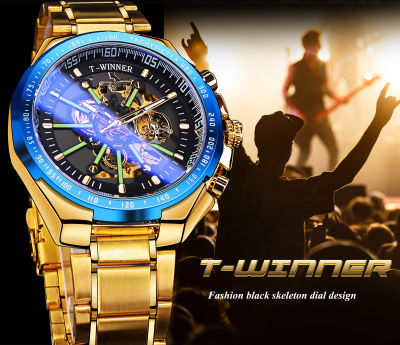Winner Blue Light Glass New Fashion Mens Watches Black Golden Stainless Steel Waterproof Sport Automatic Watch Luminous Clock