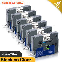 【New arrival】 【Direct-sales】 6PK Absonic 9มม. สำหรับ121 Brother ฉลากลามิเนต121ป้ายดำบนตลับเทปคาสเซ็ตใสริบบิ้นเหมาะสำหรับพี่ชายน้องชายเครื่องพิมพ์ฉลาก