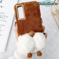 สำหรับ OPPO Reno2 Reno3 Reno4 Reno5 Reno6 Reno7 Z ค้นหา X3 Pro Furry Case,น่ารัก Corgi สุนัขหางกรณีกลับ,Super นุ่มตุ๊กตาของเล่น Plush Faux Fur ขนปุยป้องกัน