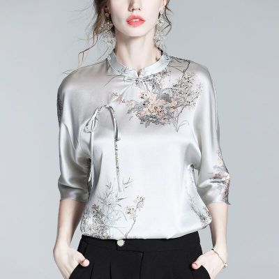 เสื้อเบลาส์คอตั้งแขนสั้นผ้าไหมการพิมพ์ลายจีน,เสื้อผู้หญิงใส่ทำงานมีกระดุมสไตล์เรียบง่ายสำหรับฤดูใบไม้ร่วงเสื้อเชิ๊ต
