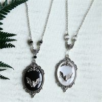 Gothic Vampire Bat Sweater Necklace Silver Plated Framed Bat Cameo Necklace Halloween Witch Crystal Necklace Gift for Bat Lover Fashion Chain Necklace